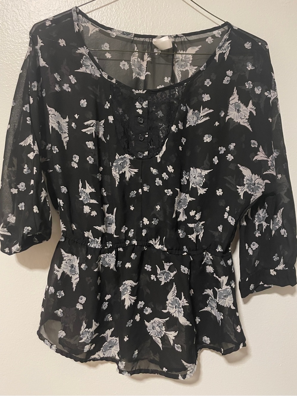 Black Floral Peplum Blouse Semi Sheer Lace Detail Elastic Waist Women Small Top
